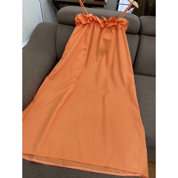 Đầm maxi 2 dây dáng dài,Váy đi biển màu cam bèo ngực chất thô
