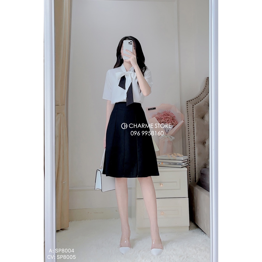 Áo sơ mi nữ trơn tay ngắn cổ phối nơ 2 màu cách điệu thiết kế Charme 8004