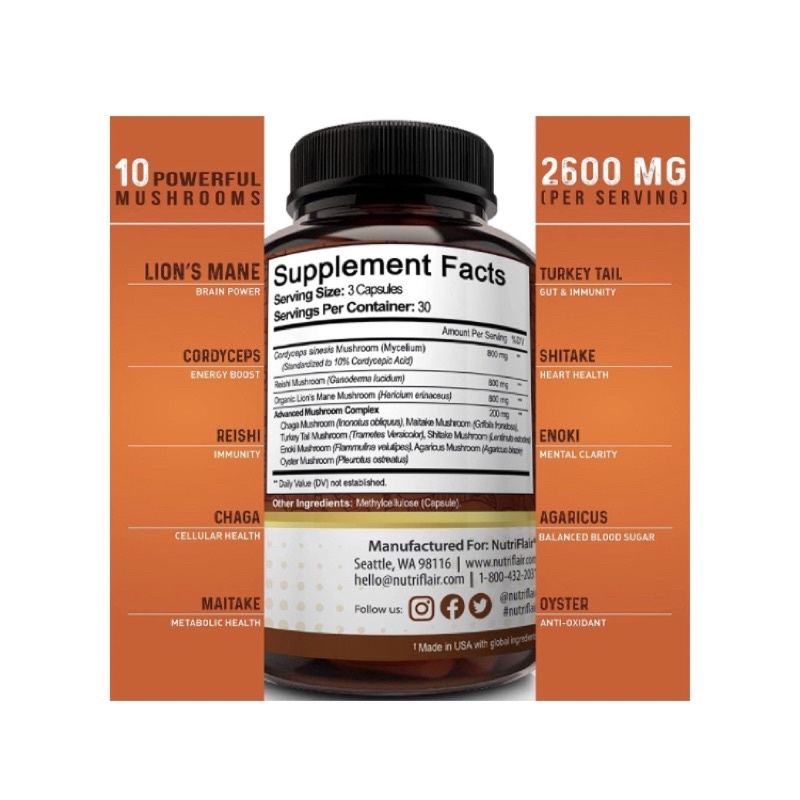Viên uống thuần chay chiết xuất 10 loại nấm NutriFlair Mushroom Supplement 2600mg 90v USA