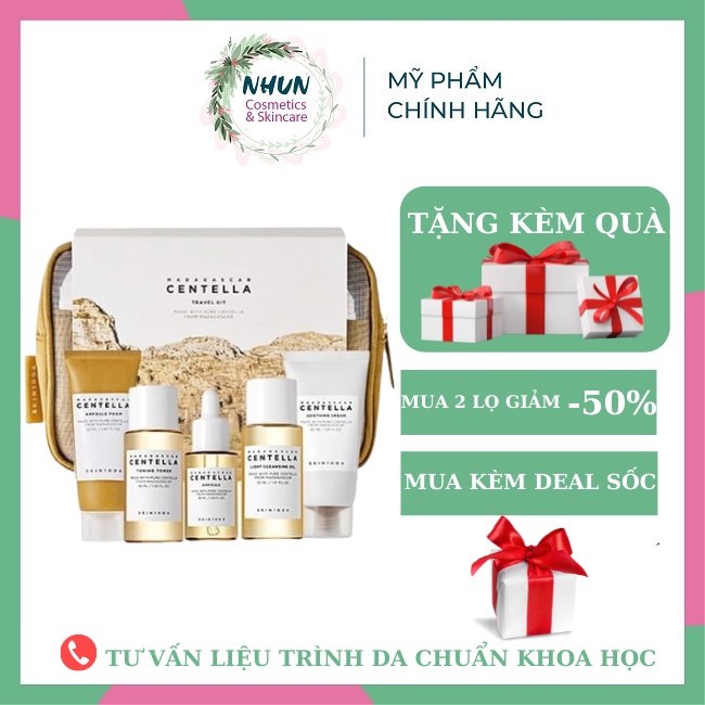 Bộ chăm sóc da, skincare, dưỡng da mặt trắng dành cho da dầu mụn  Skin1004 Madagascar Centella set 5 món