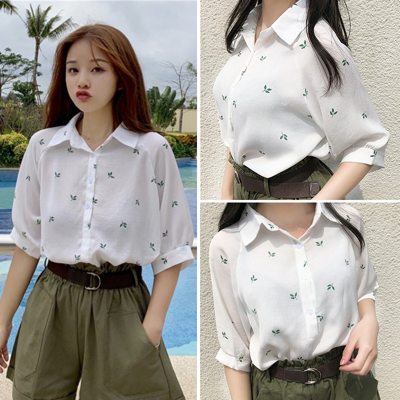 [Baywellfashion]Áo kiểu tay dài phối nút hoạ tiết thêu phong cách Vintage cho phái nữ