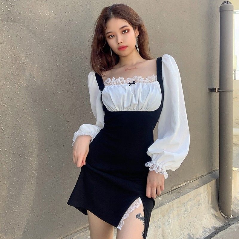 Đầm xẻ tà tay phồng ôm eo cổ vuông kiểu Pháp cho nữ | BigBuy360 - bigbuy360.vn