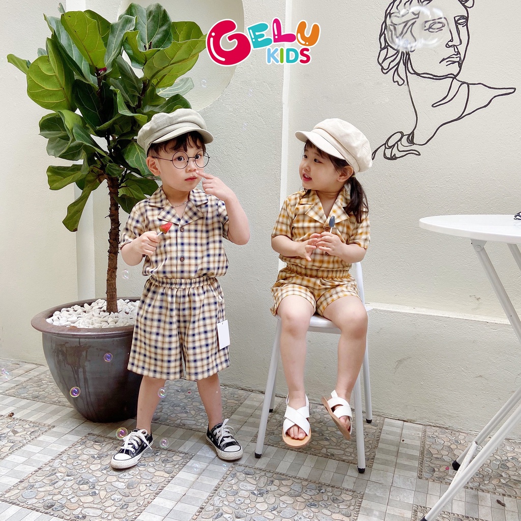 Quần áo bé trai, quần áo bé gái, set bộ sơ mi ngắn tay kẻ caro phong cách vintage Hàn Quốc - GELU Kids SBU004