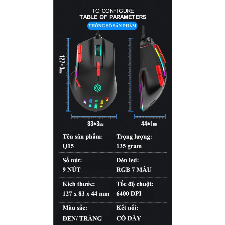 Chuột có dây K-Snake Q15 tốc độ chuột lên đến 6400DPI với đèn led RGB có thể điều chỉnh nhiều chế độ LED - NK
