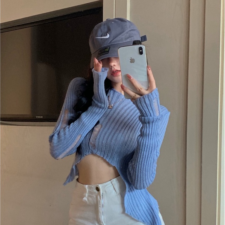 Áo Croptop Dệt Kim Tay Dài Chống Nắng Thiết Kế Thời Trang Cho Nữ