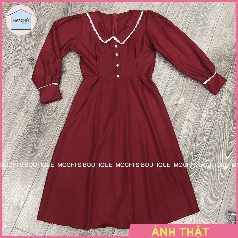 Váy đầm nữ dáng dài xòe cổ bẻ, mẫu váy đầm nữ đẹp dài tay, 2 màu đen đỏ nổi bật, chân váy dài qua gối nữ tính-M041 | BigBuy360 - bigbuy360.vn