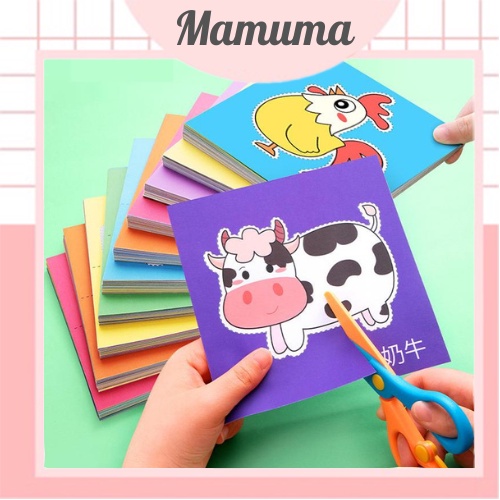 Cắt giấy thủ công cho bé 180 tờ kèm kéo nhựa lưỡi sắt, đồ chơi giáo dục sớm phát triển vận động tinh, học cụ Montessori