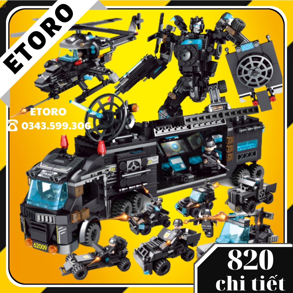 [820 Chi Tiết] Đồ chơi xếp hình LEGO Cảnh Sát Đặc Nhiệm SWAT Robot, Máy Bay, Xe Bọc Thép, Trực Thăng, Cano, Tàu Chiến