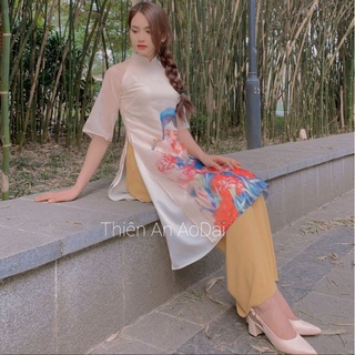 Áo dài Lụa 4 tà họa tiết cô gái