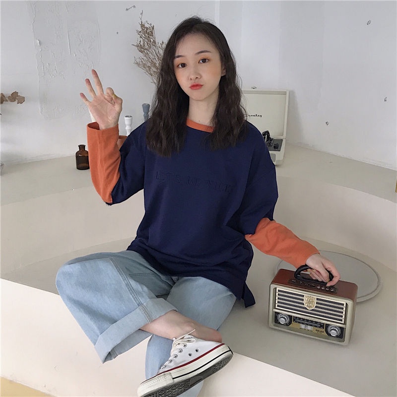 Áo Thun Tay Dài Giả Hai Lớp Dáng Rộng Phong Cách Hàn Quốc Thời Trang 2022 Cho Nữ