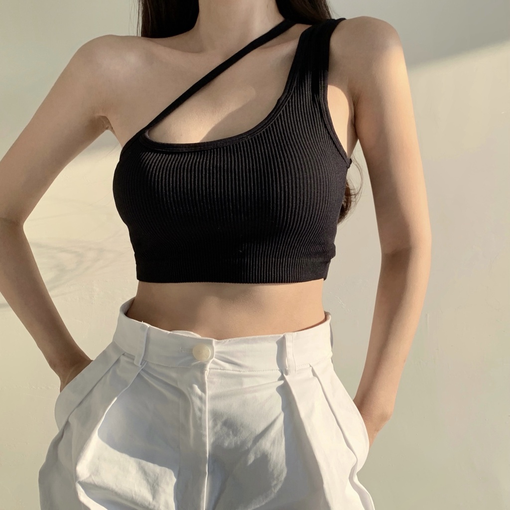 Áo croptop kiểu nữ Ôm body Sexy Áo croptop thun gân nữ sát nách hở lưng khoét ngực hở vai nhiều màu Trắng Đen cá tính