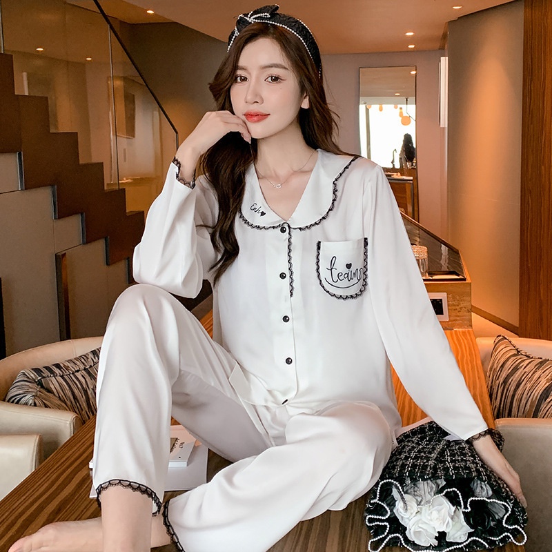 Bộ Đồ Ngủ Tay Dài Vải Lụa Mát Thêu Họa Tiết Xinh Xắn Thời Trang Mùa Thu Cho Nữ