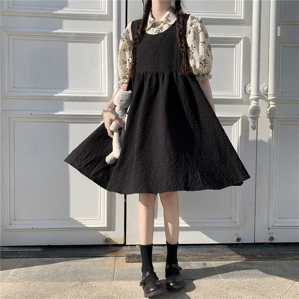 🎀váy babydoll Bộ Áo Sơ Mi Tay Phồng In Hoa + Đầm Đen Thời Trang Cho Nữ