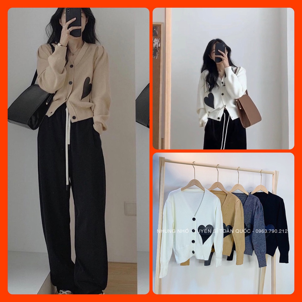 Áo len cardigan thêu hình tim pha da dáng croptop bo viền hàng Quảng Châu A1601N Nhung Nhớ