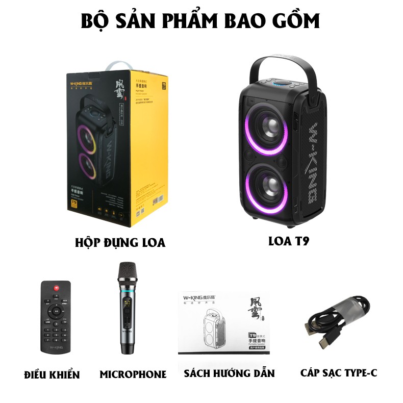 Loa di động Bluetooth W-King T9 - loa kép công suất 80W, đèn LED RGB