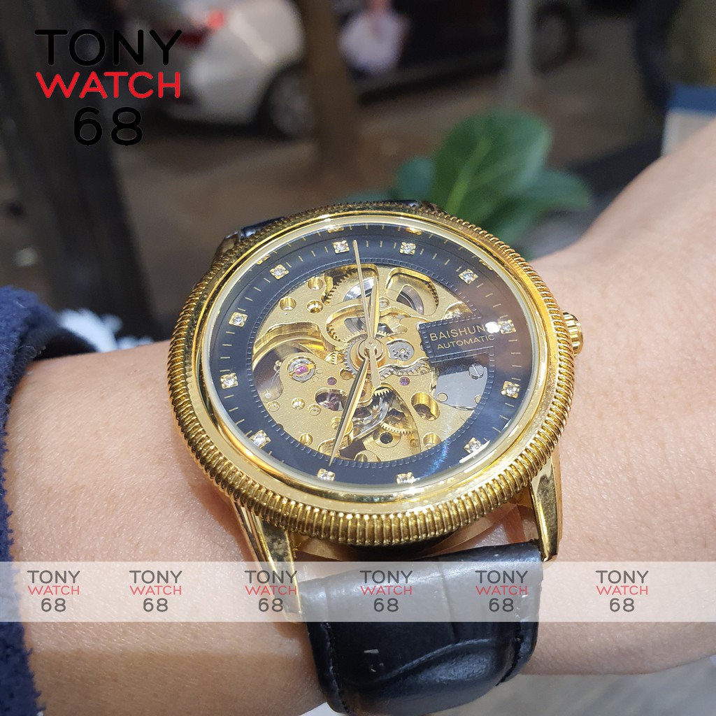 Đồng hồ cơ nam lộ máy giá rẻ dây da chính hãng Baishuns chống nước Tony Watch