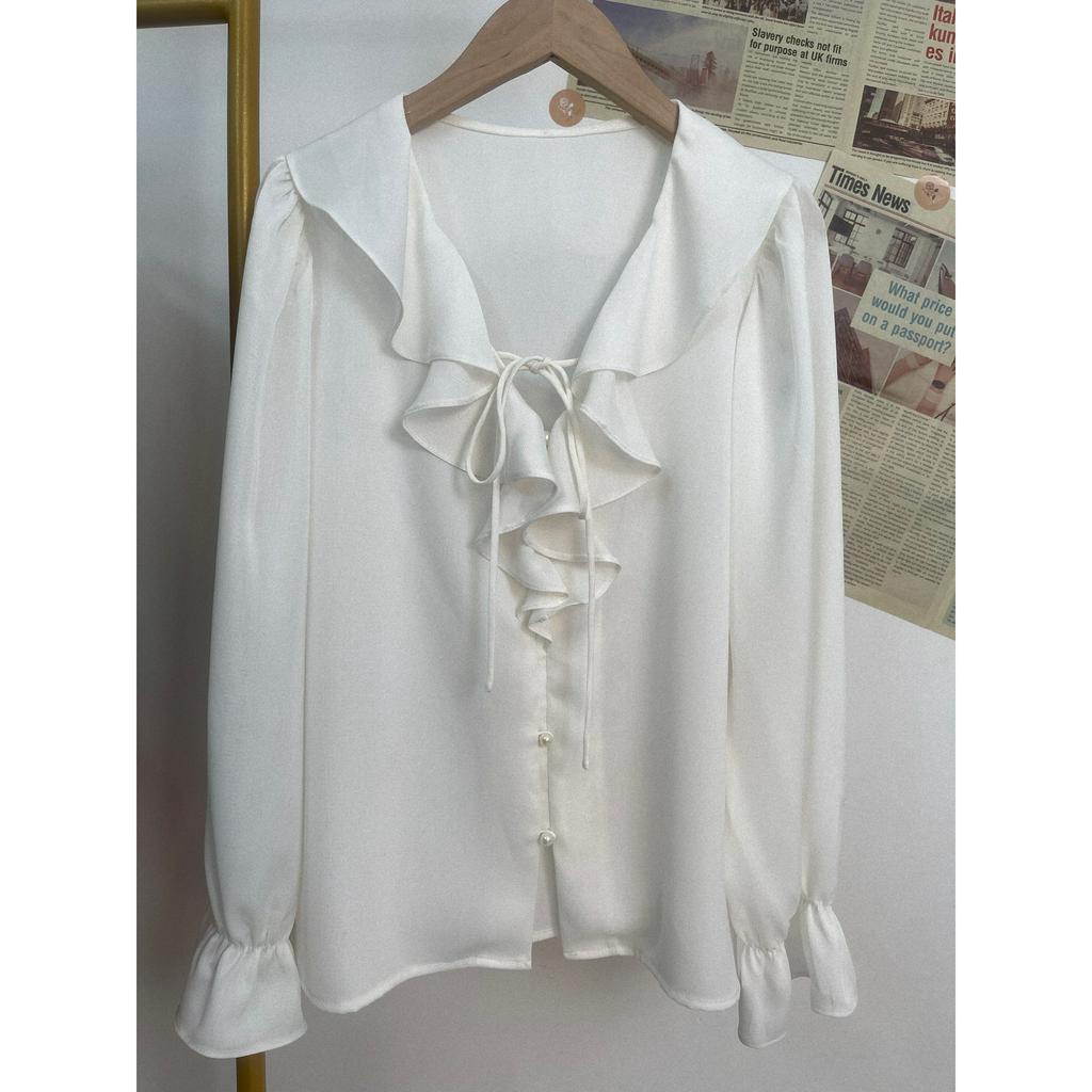 Áo sơ mi trắng công sở cổ bèo thắt nơ chất voan tiểu thư phong cách retro Pháp