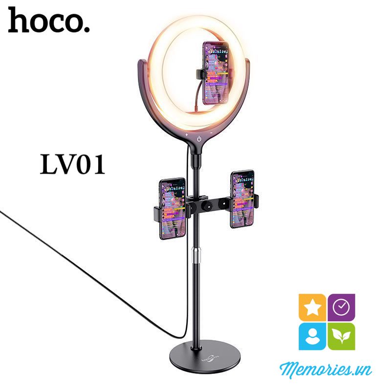 Bộ đèn Led tròn Livestream Hoco LV01 + kèm 3 kẹp điện thoại selfie + chân đế - Hàng chính hãng, chất lượng cao