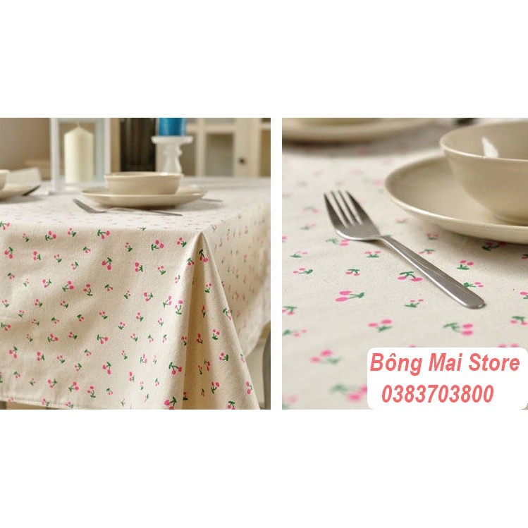 Khăn trải bàn vải canvas VIỀN REN họa tiết CHERRY phong cách Nhật Bản nhẹ nhàng vintage