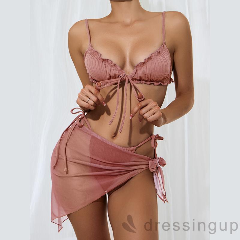 Dre-bộ Đồ Bơi Màu Trơn Xẻ Tà (Bộ Bikini Với Diềm Xếp Nếp + Quần + Áo Che Phủ Mesh)