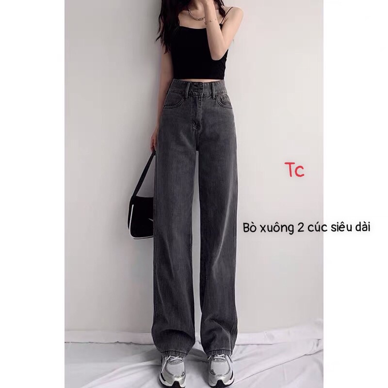 Quần Jeans Bò Nữ Ống Rộng 2 Cúc Khói &amp; Xanh