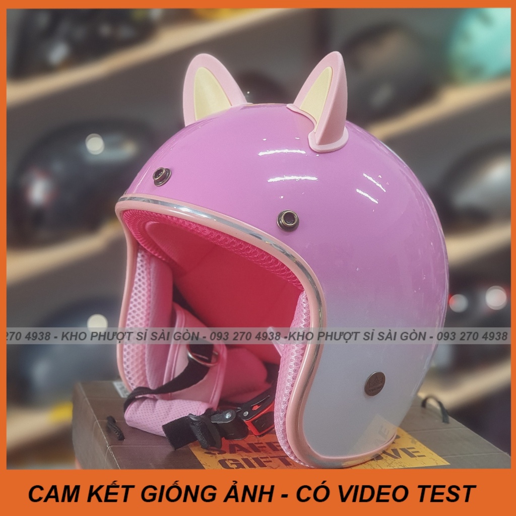 Nón bảo hiểm 3/4 hồng pha trắng gắn tai mèo nhựa có viền phiên bản mới - Mũ tai mèo phượt