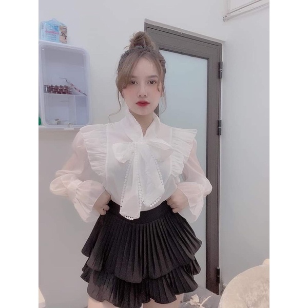 Áo sơ mi cổ nơ đính ngọc | BigBuy360 - bigbuy360.vn