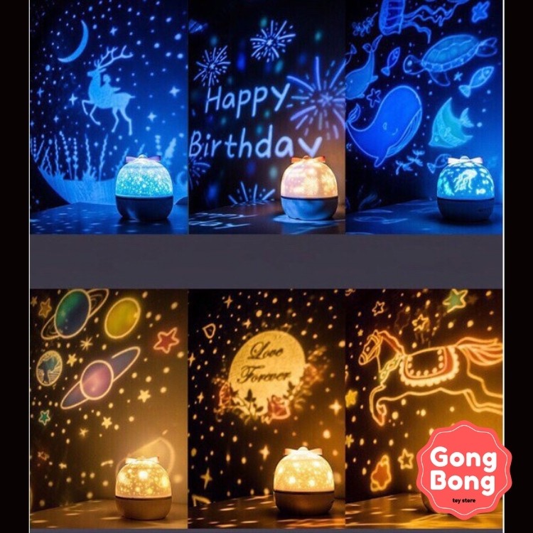 Đèn ngủ chiếu trần 3D đổi màu xoay tự động, đèn ngủ chiếu sao, đại dương, cổ tích GongBong store