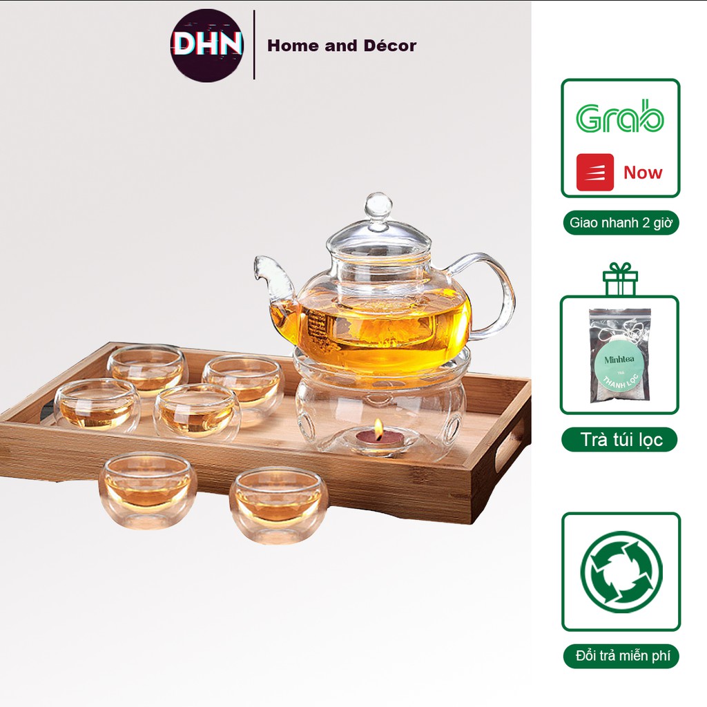 Bộ Ấm Trà Tết Tặng Kèm 5 Nến Tealight Bình Trà Hoa Cúc Thủy Tinh 6 Chén Dung Tích 600 Ml Có Đế Nến Chịu Nhiệt Có Lõi Lọc