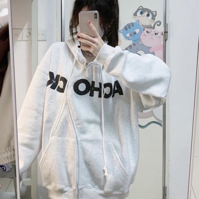 Áo Hoodie Zip Nỉ Cotton OH-OH Tay Phồng Form Rộng Thêu Chữ