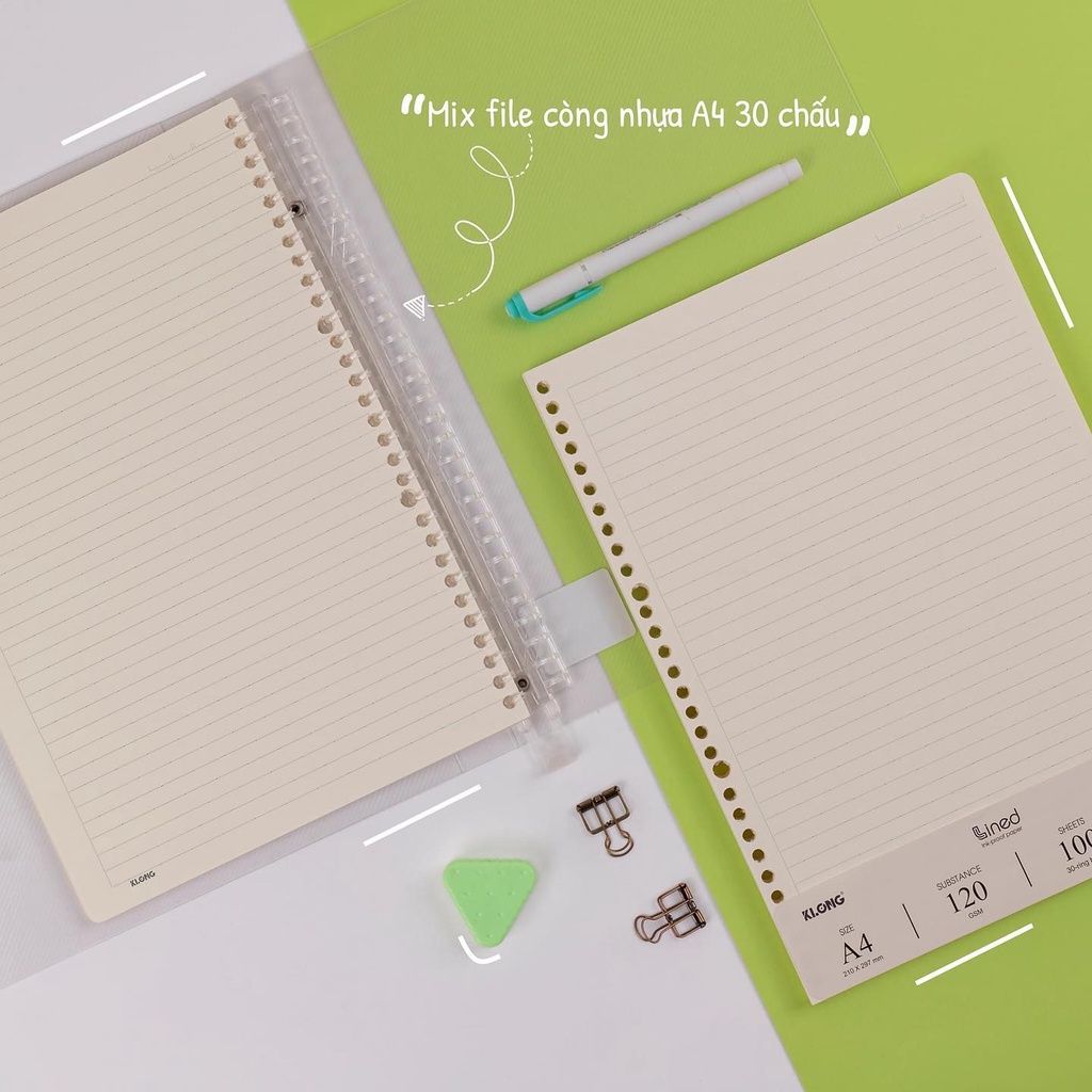 Sổ KLONG Binder B5 A4 120gsm CÒNG NHỰA 26 30 LỖ caro dotgrid kẻ ngang chính hãng 100%