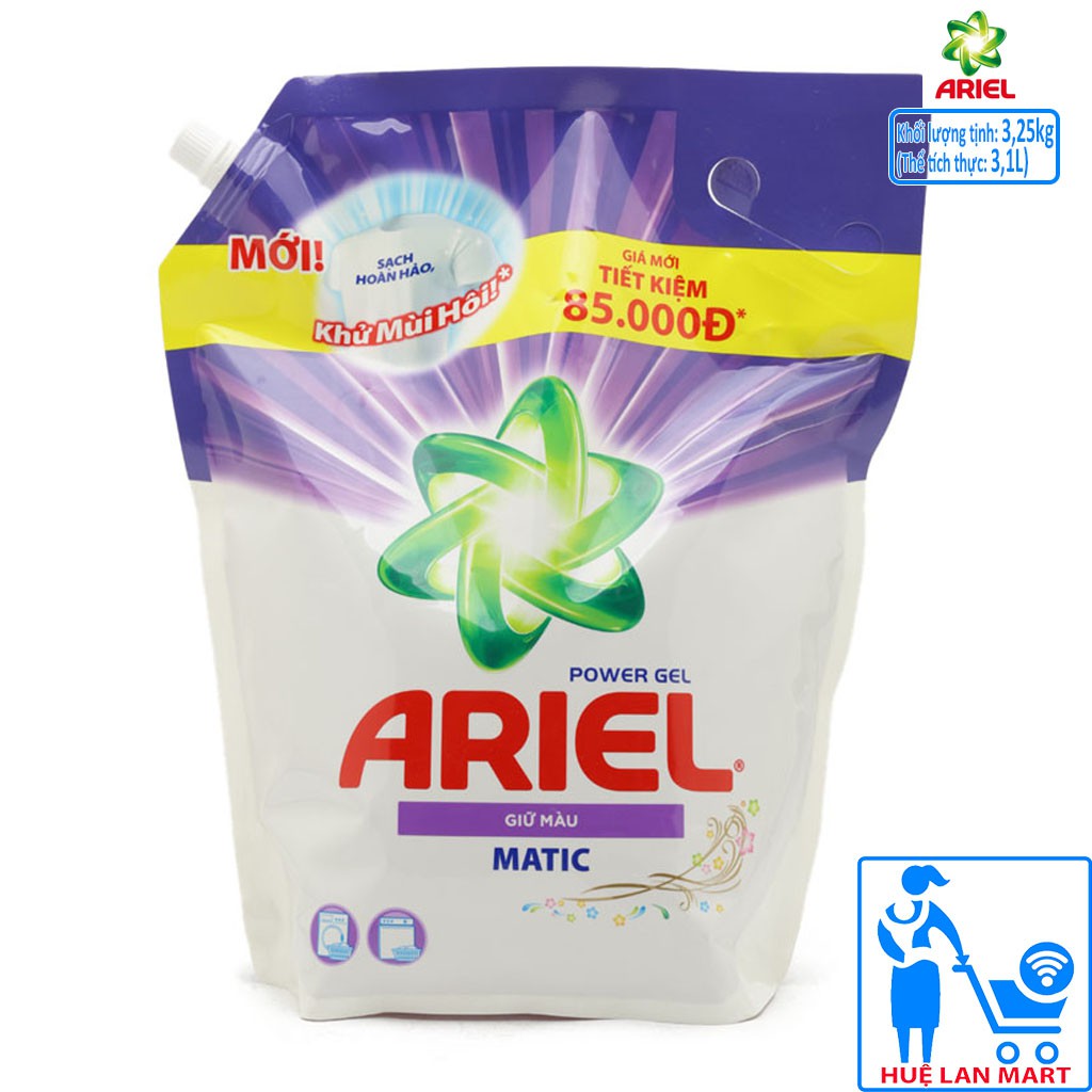 Nước Giặt Ariel Power Gel Giữ Màu Matic Dạng Túi 3,25kg (Tẩy sạch vết bẩn tốt hơn gấp 2 lần)