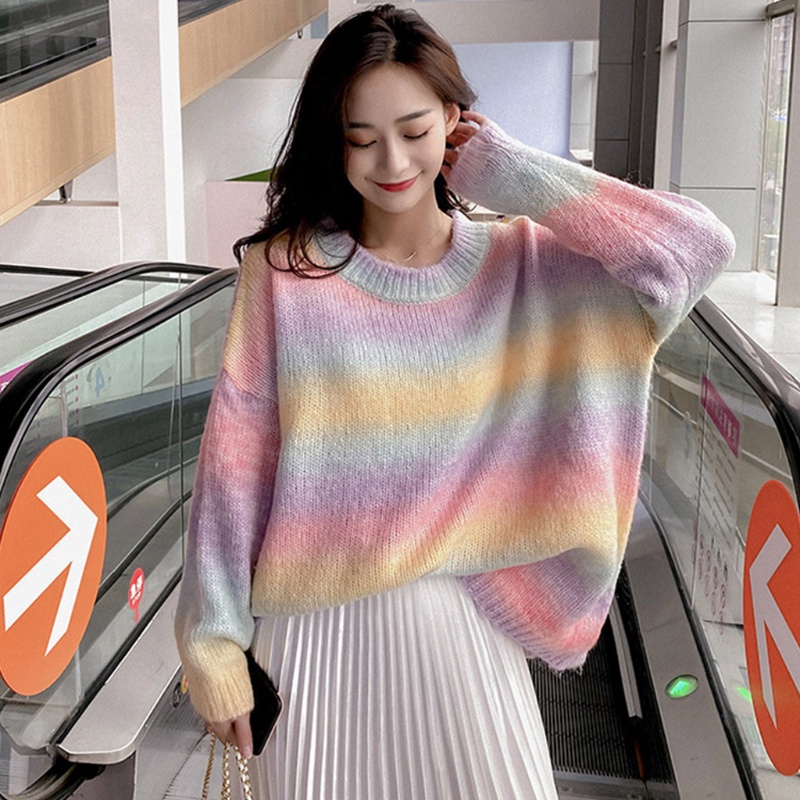 Áo Len Tay Dài Cổ Tròn Họa Tiết Kẻ Sọc Màu Sắc Cầu Vồng Phong Cách Harajuku Thời Trang Mùa Thu Dành Cho Nữ 10mk