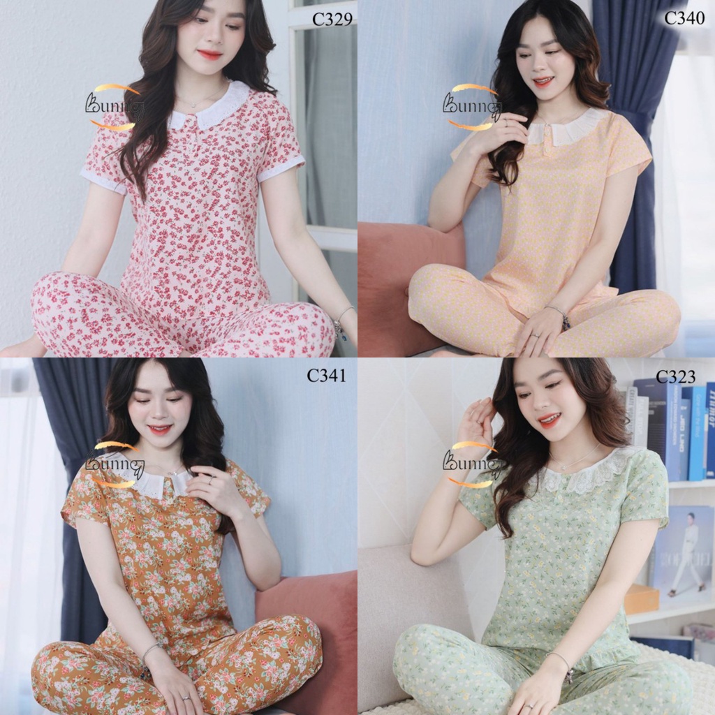 [Bunny] Đồ bộ nữ mặc nhà, quần áo nữ mẫu tay cộc quần dài chất liệu lụa hàn họa tiết hoa lá