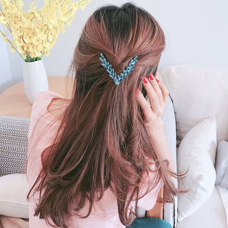 Kẹp Tóc Chữ V Đính Đá Pha Lê Phong Cách Hàn Quốc Sang Trọng Cho Nữ