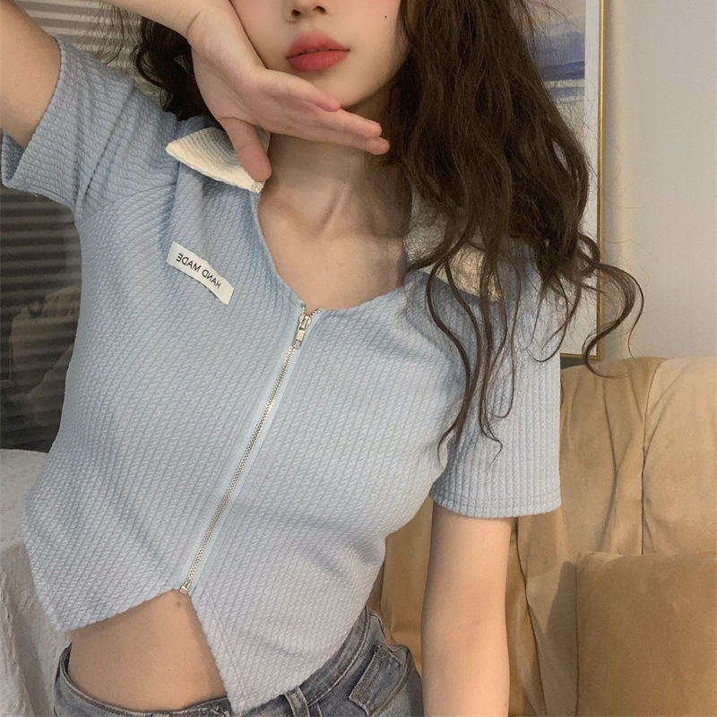 Áo crop top Dệt Kim Cộc Tay Có Khóa Kéo Cho Nữ JL-TX-515