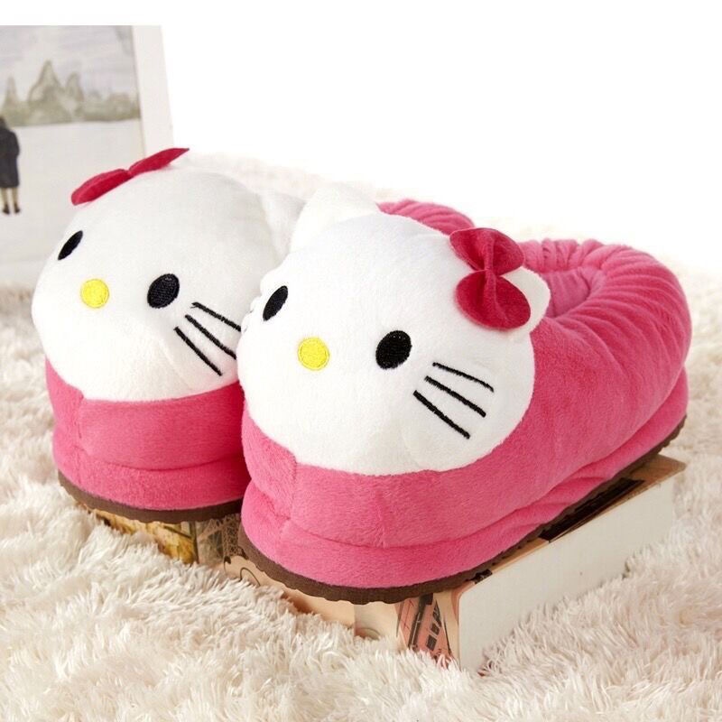 Dép Nhung Mềm Mại Mũi Tròn Hoạ Tiết Hello Kitty Màu Hồng / Đỏ Dễ Thương Xinh Xắn