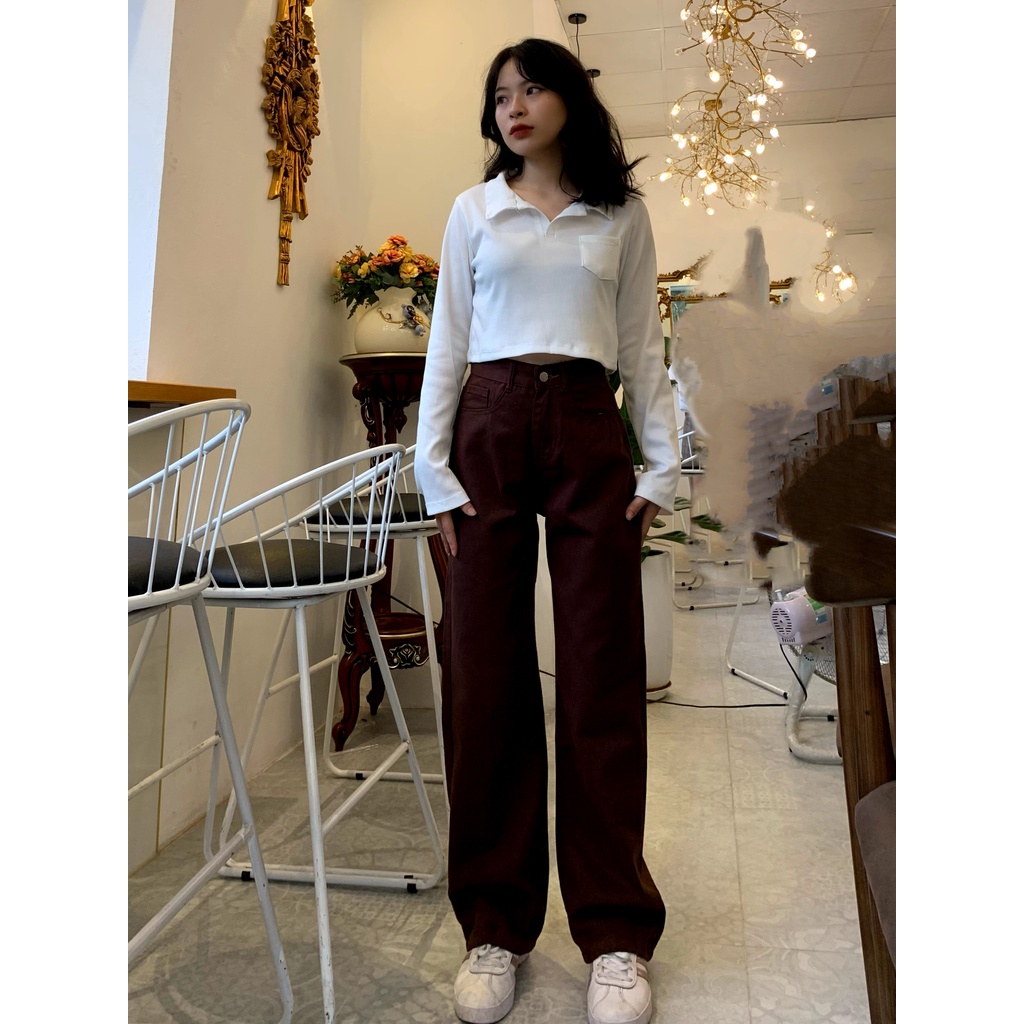 Quần jean đi học EMIX (màu nâu đậm), basic trousers, ống suông, dáng dài, cạp cao, 1 cúc, có túi trước, vải jeans mềm