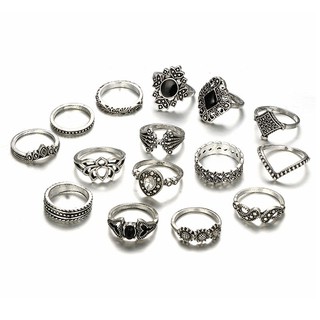 Set 15 Nhẫn Mạ Bạc Đính Đá Pha Lê Đen
