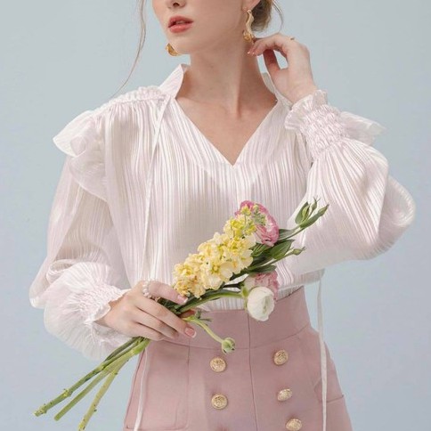 |Ảnh Thật + Video| Áo Kiểu Nữ Chất Lụa Voan Ánh Kim Tay Dài Cổ Xẻ Ulzzang Hàng Quảng Châu Cao Cấp