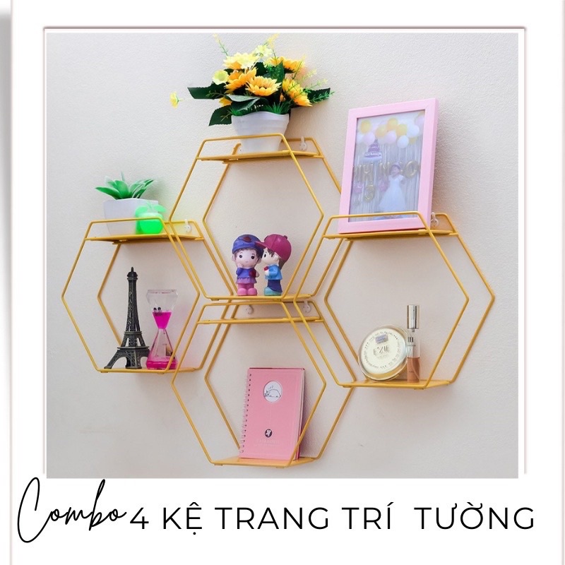 Combo 4 kệ kim loại sơn tĩnh điện 5 lớp lục giác treo tường, kệ tổ ong trang trí nhà cửa, kệ trang trí Queendecor111