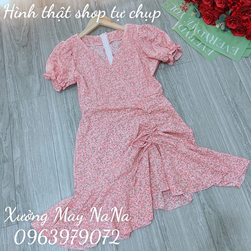 Đầm hoa nhí tay phồng rút dây