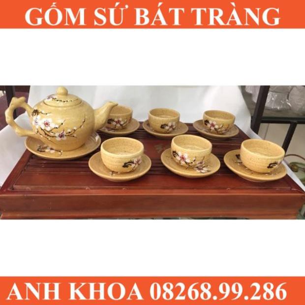 Ấm chén Bát Tràng men vàng muối tiêu dáng gốc cây - Gốm sứ Bát Tràng Anh Khoa