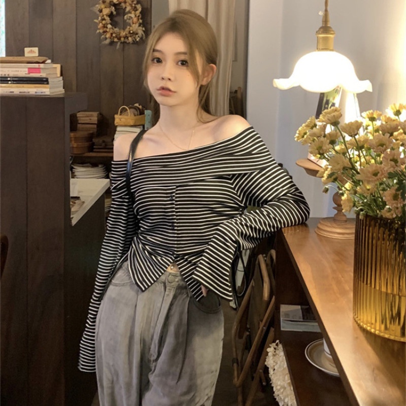 Áo Thun Dài Tay Phối Dây Rút Hoa Văn Kẻ Sọc Thời Trang Dành Cho Nữ