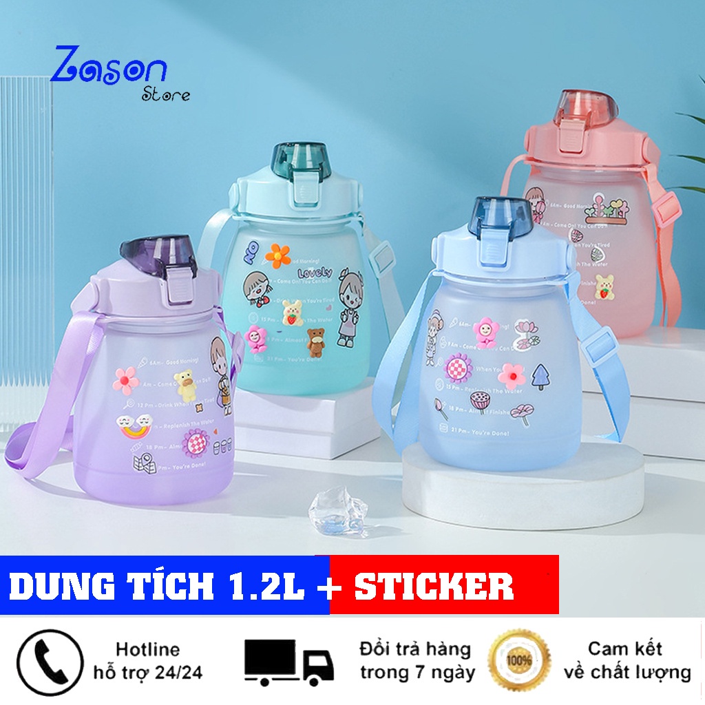 [ TẶNG STICKER ] Bình Nước Nhựa Nhắc Nhở Uống Nước Dung Tích 1200ml Có Dây Đeo Và Quai Xách