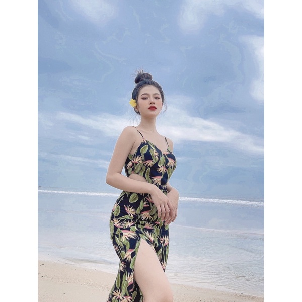 Maxi khoét eo xẻ thun 2cm Yoona