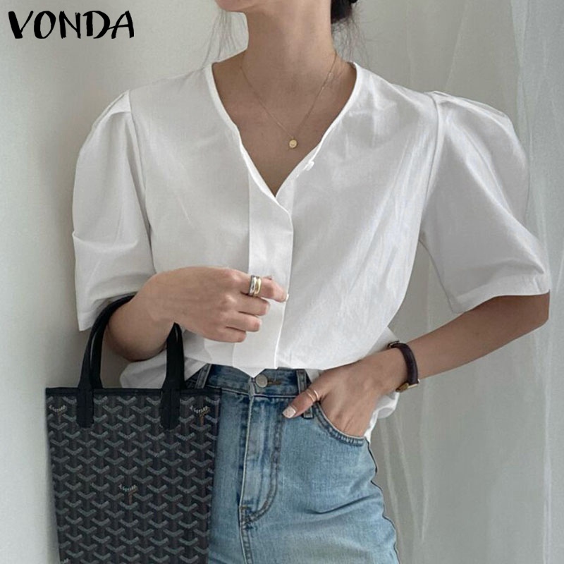 Áo kiểu VONDA tay ngắn cổ tròn màu trơn phong cách Hàn Quốc thời trang mùa hè cho nữ