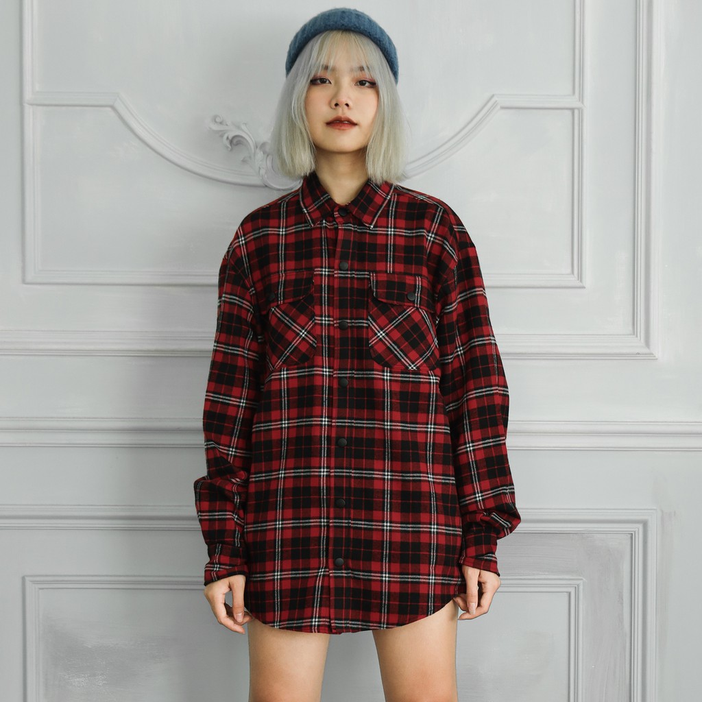 Áo Sơ Mi Flannel Sọc Đỏ Đen Chất Liệu Cotton Thoáng Mát