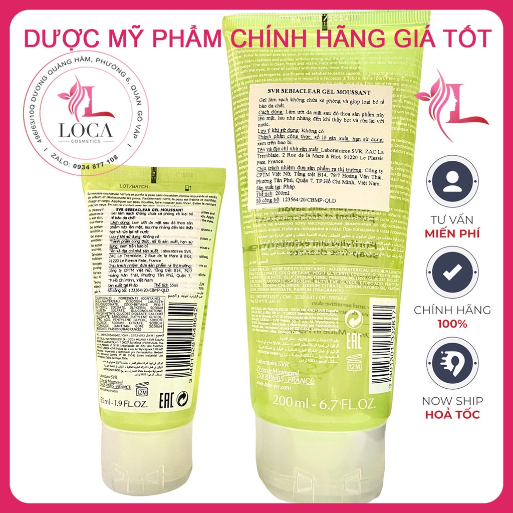 [SẴN] Gel Sữa rửa mặt SVR chứa PHA dành cho da hỗn hợp, da dầu mụn SVR Sebiaclear Gel Moussant 55ml 200ml
