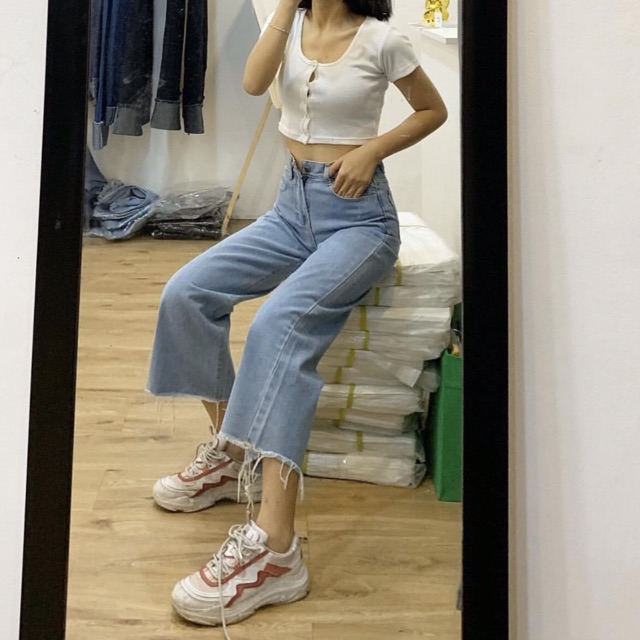 [Size 30~35] Quần Jeans Lưng Cao Qua Rốn BigSize / Quần Suông Ống Rộng Lửng 9 Tấc Không Giãn - Trơn [SIÊU HOT]